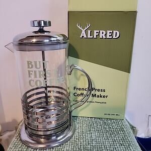 Alfred French Press Glass Coffee Maker 20 oz "But First Coffee" New In Box